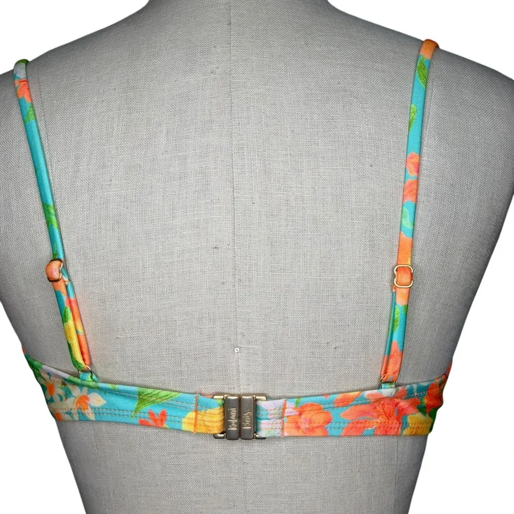 KULANI KINIS Bikini Top Teal Floral Ruched Sun Charm‎ Women's Size Large